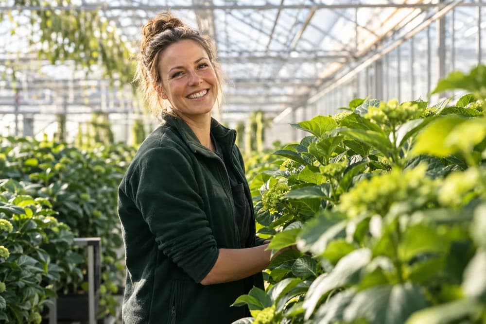 Medewerker tussen groene planten in een lichte kas