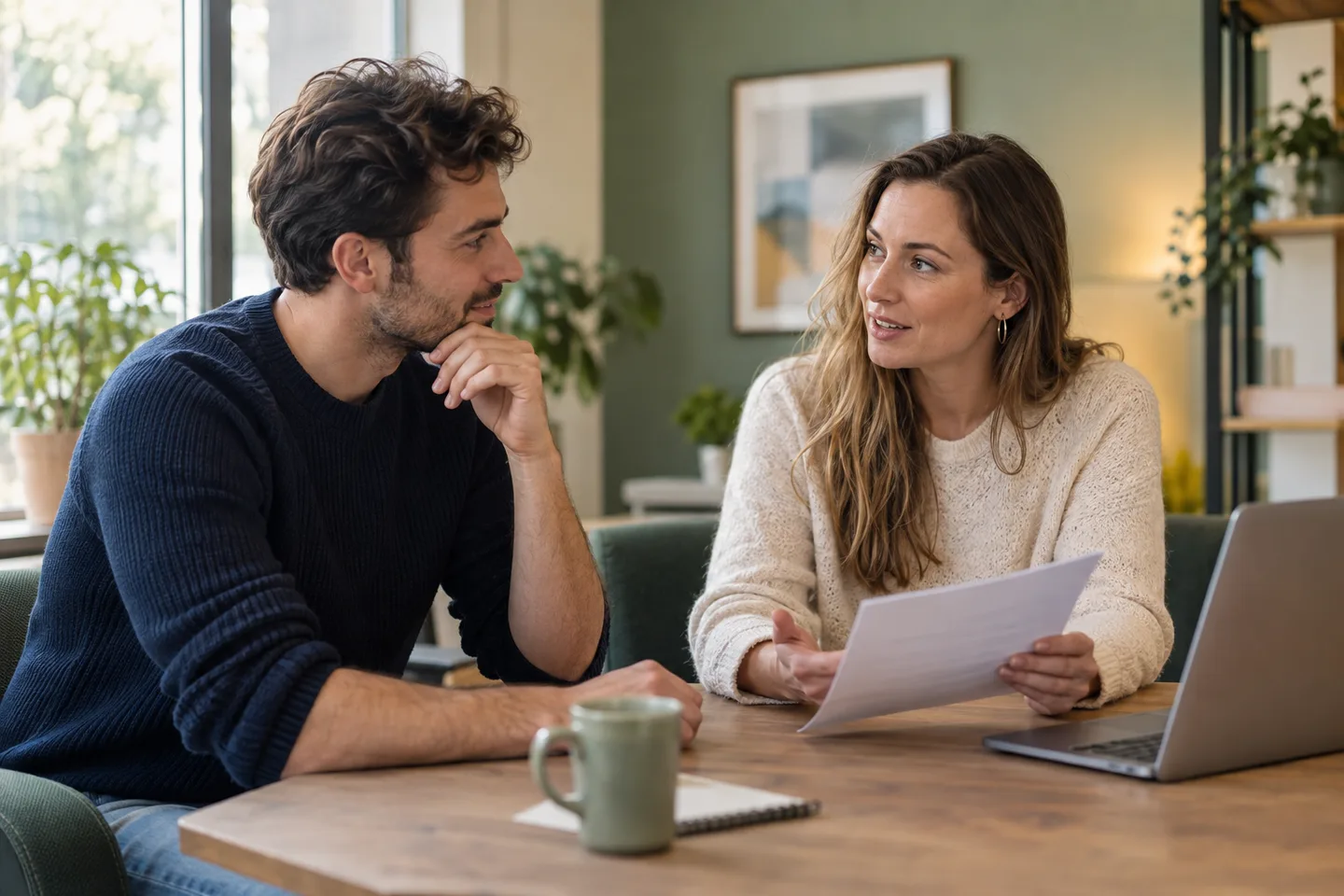 Twee mensen bespreken werkafspraken aan een tafel