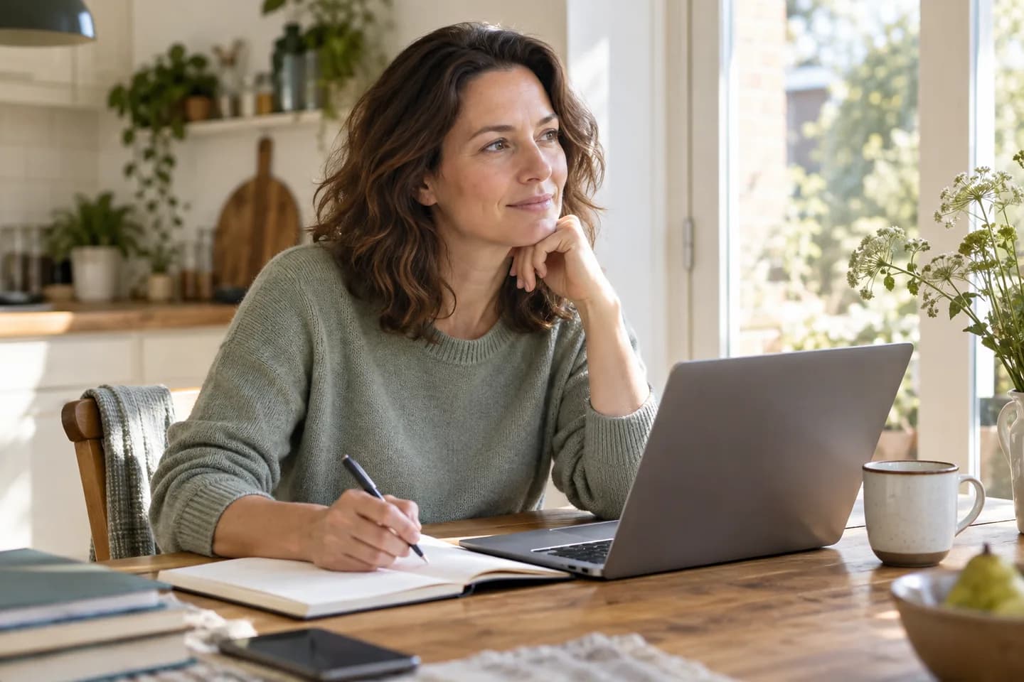 Een vrouw bereidt thuis haar terugkeer naar werk voor