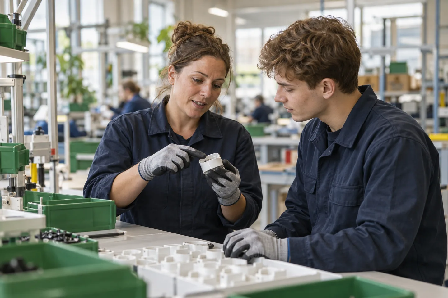 Een collega legt een productcontrole uit aan een starter