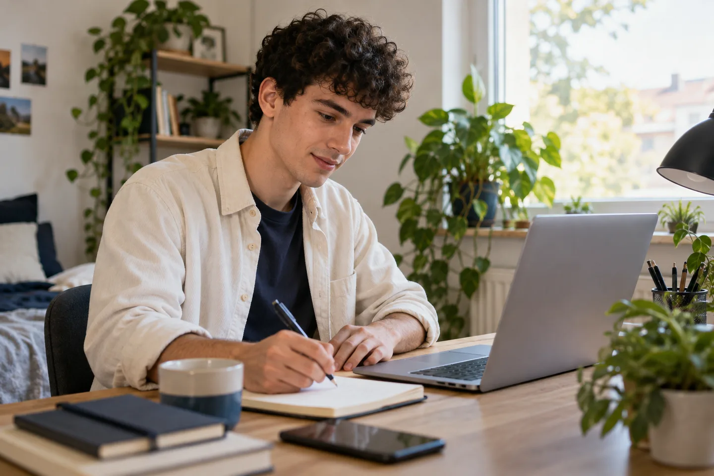 Een jongere maakt aantekeningen bij het zoeken naar werk