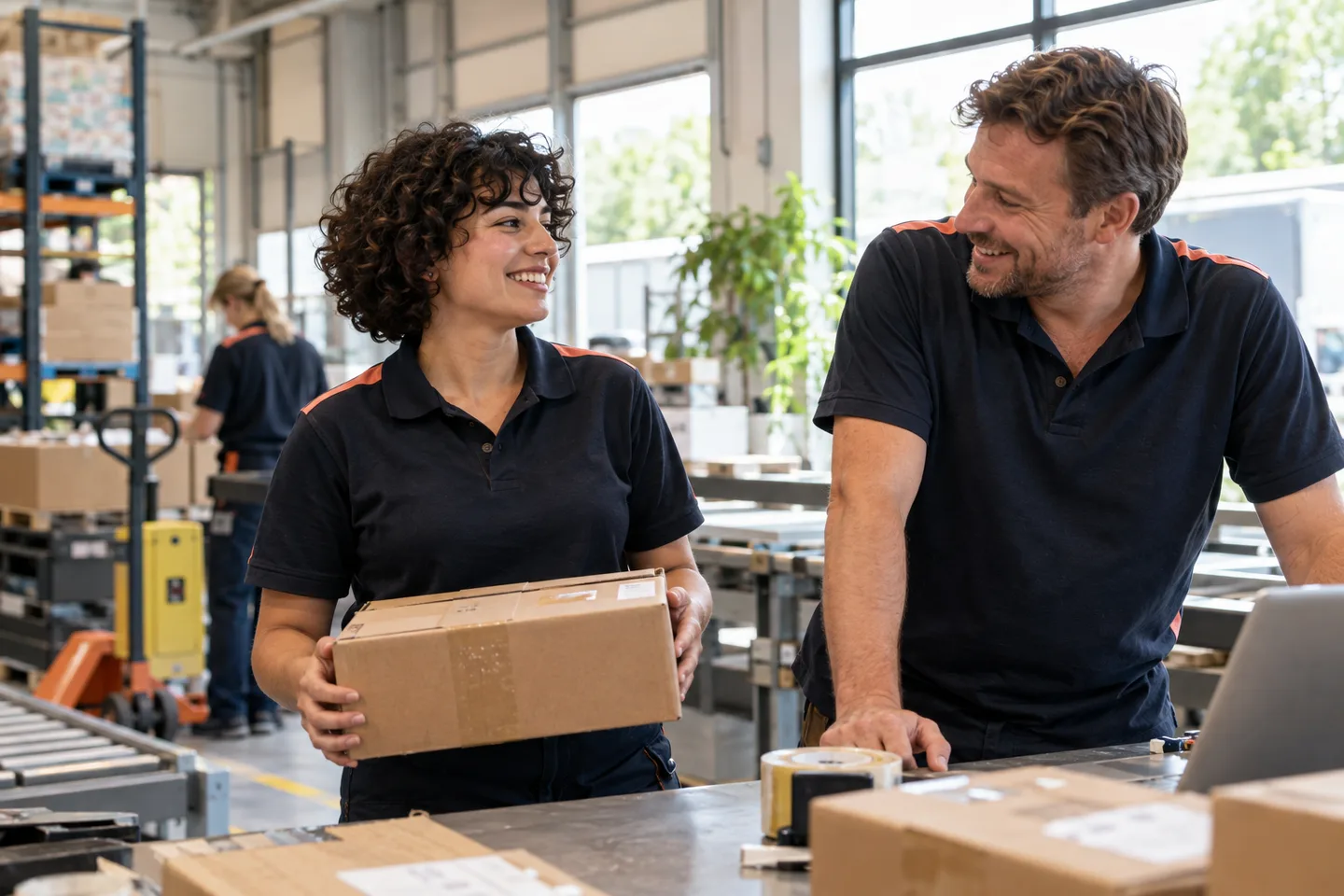 Een nieuwe collega leert het werk kennen in een magazijn