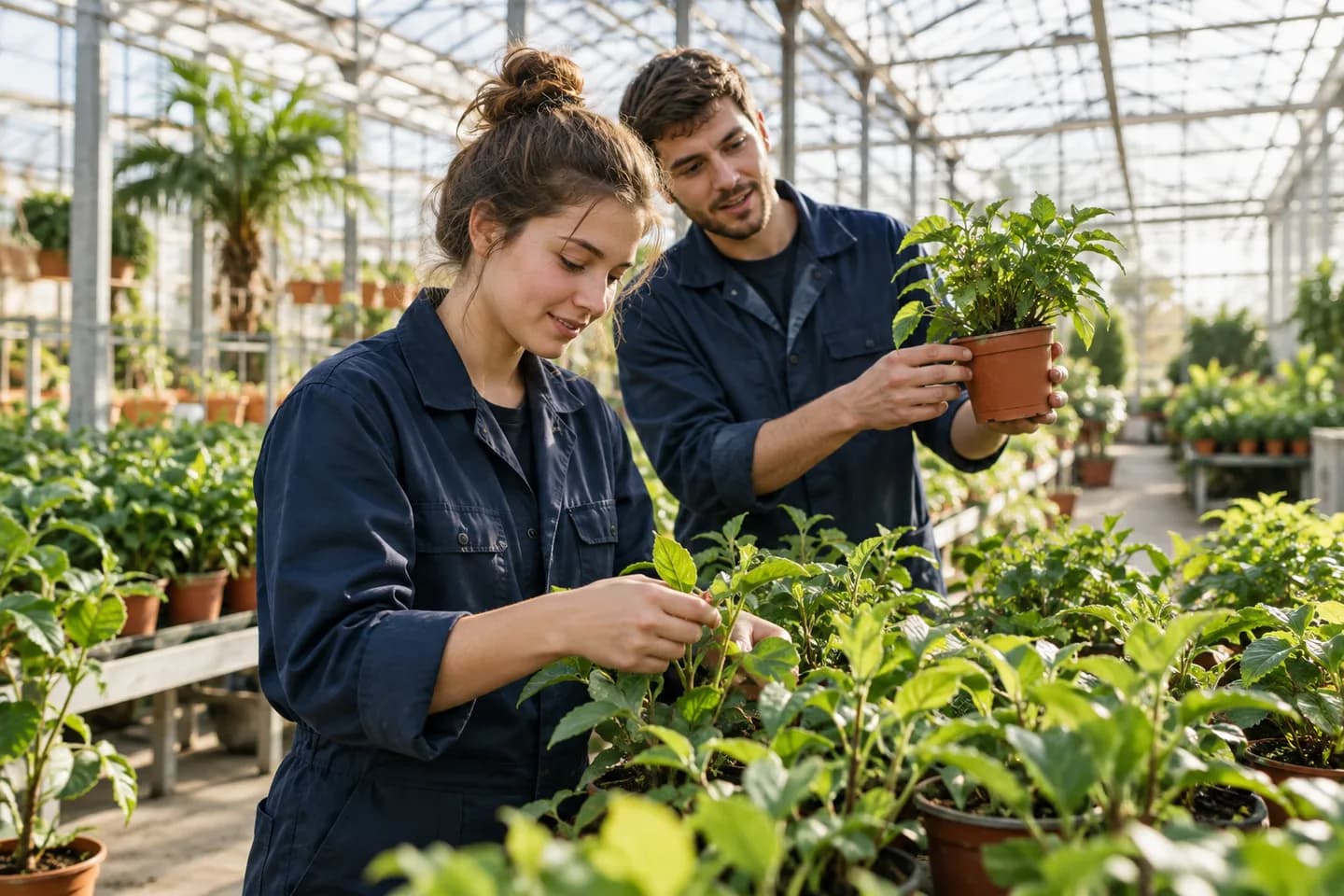 Twee collega's verzorgen planten in een lichte kas