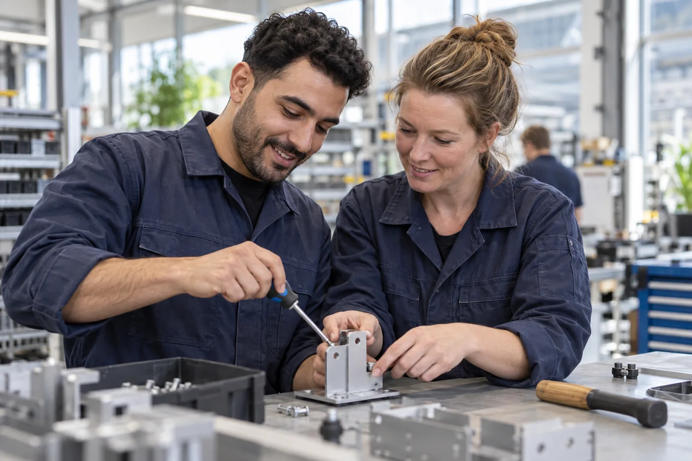 Twee collega's die samenwerken aan een werkbank in een productiehal