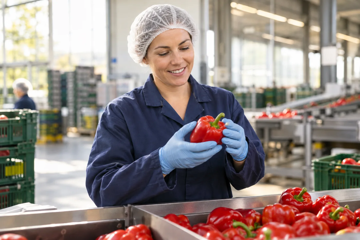 Medewerker met beschermende werkkleding bij verse paprika's in een verpakkingsruimte